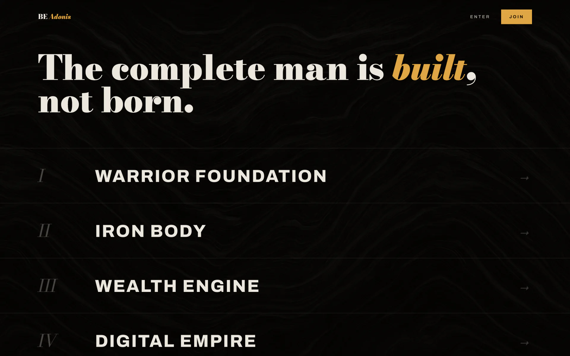 Secção "The complete man is built, not born" com a lista numerada dos pilares