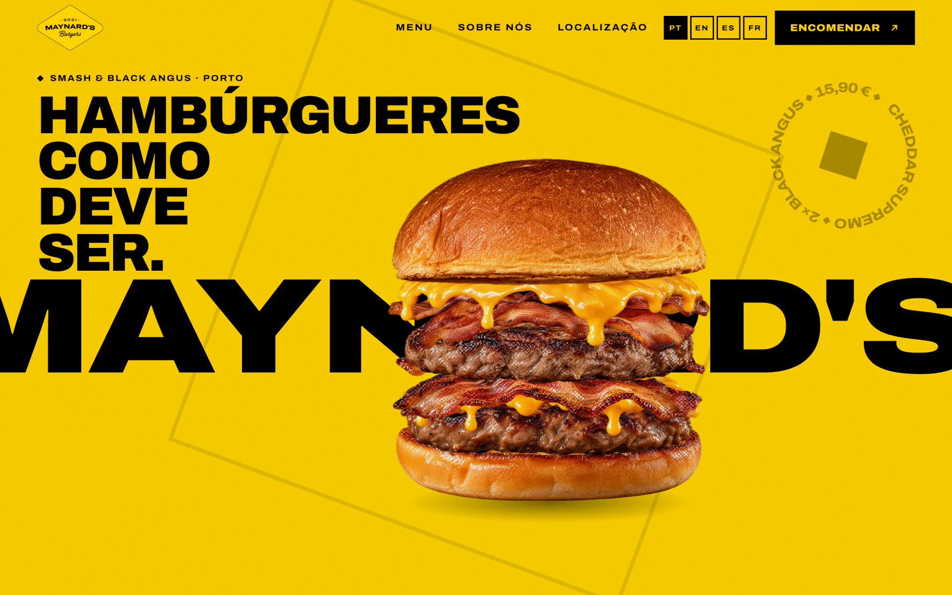 Hero depois do scroll, com o hambúrguer montado sobre o logótipo MAYNARD'S