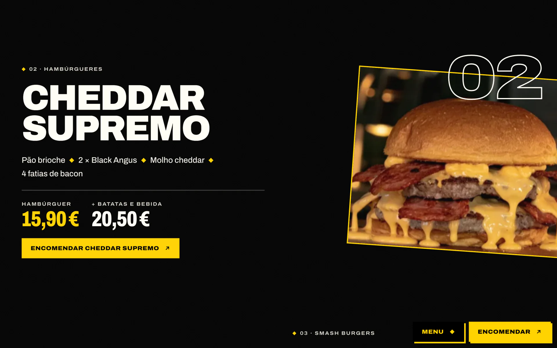 Destaque do hambúrguer de assinatura em fundo preto, com ingredientes, preços e botão de encomenda