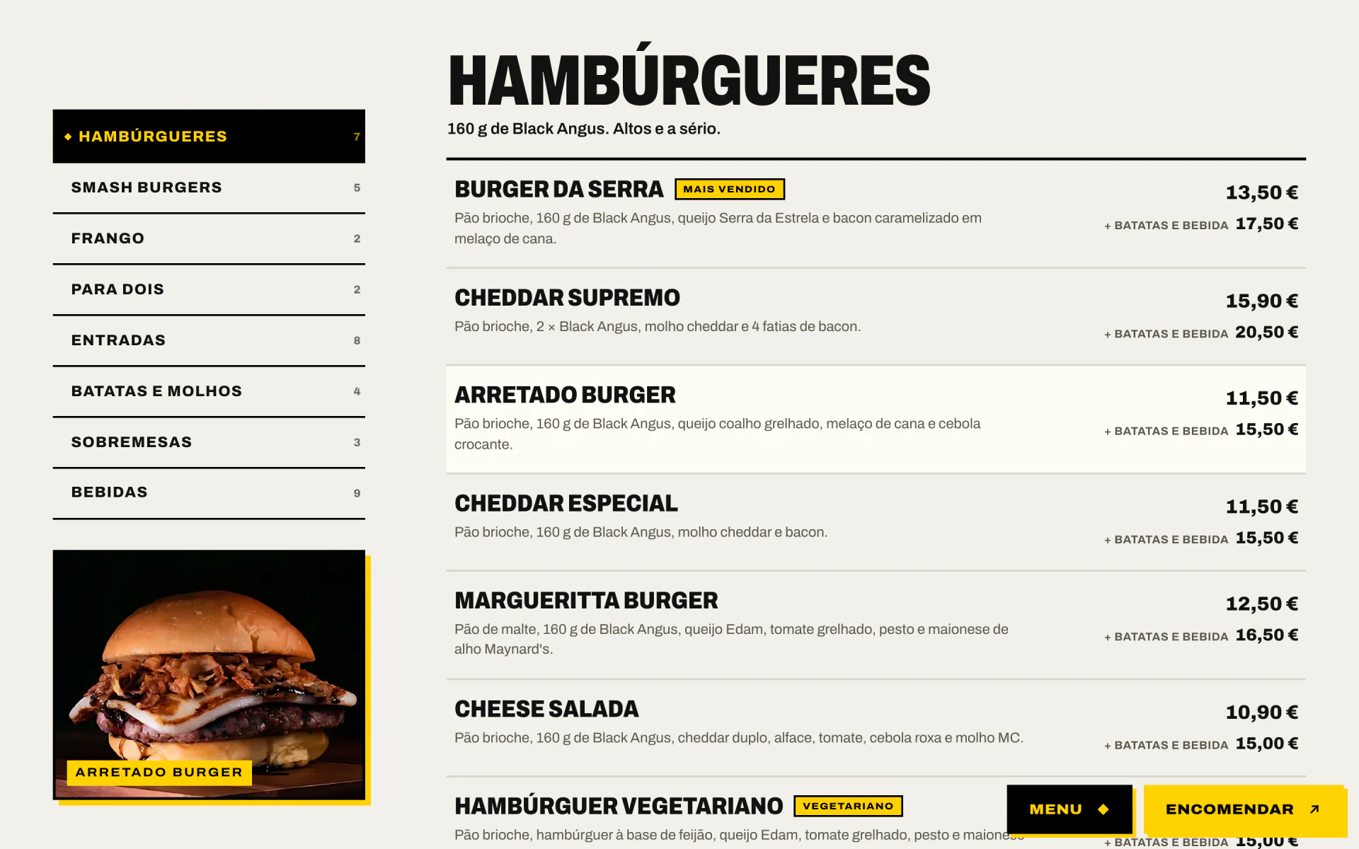 Secção do menu com categorias na lateral e lista de preços