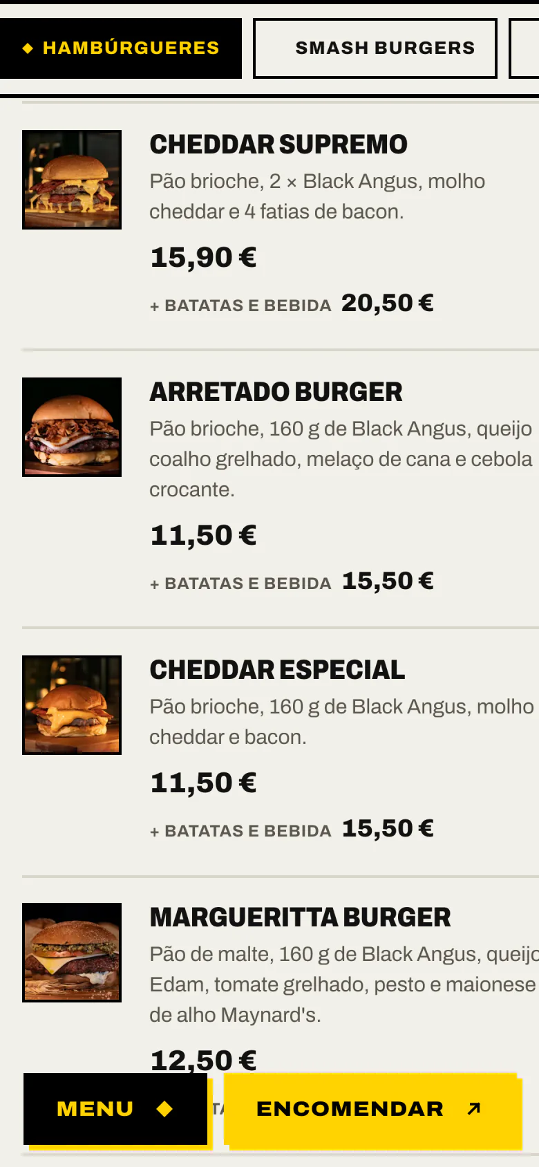 Menu no telemóvel com separadores de categoria e lista de hambúrgueres