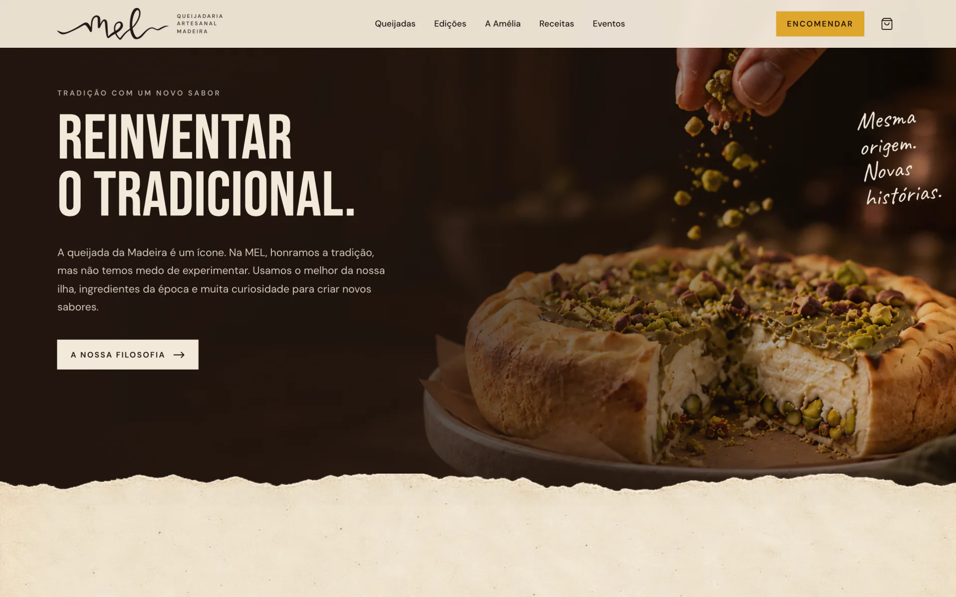 Secção escura "Reinventar o tradicional." com a queijada de pistácio