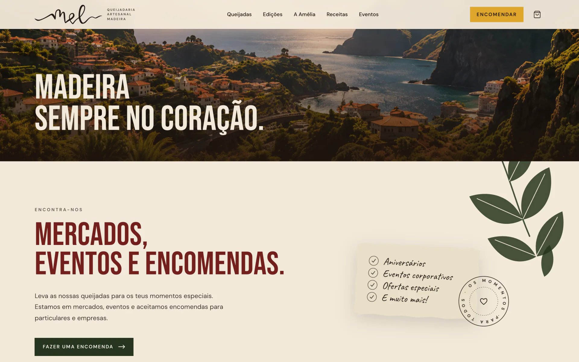 Faixa "Madeira sempre no coração." sobre a secção de mercados, eventos e encomendas