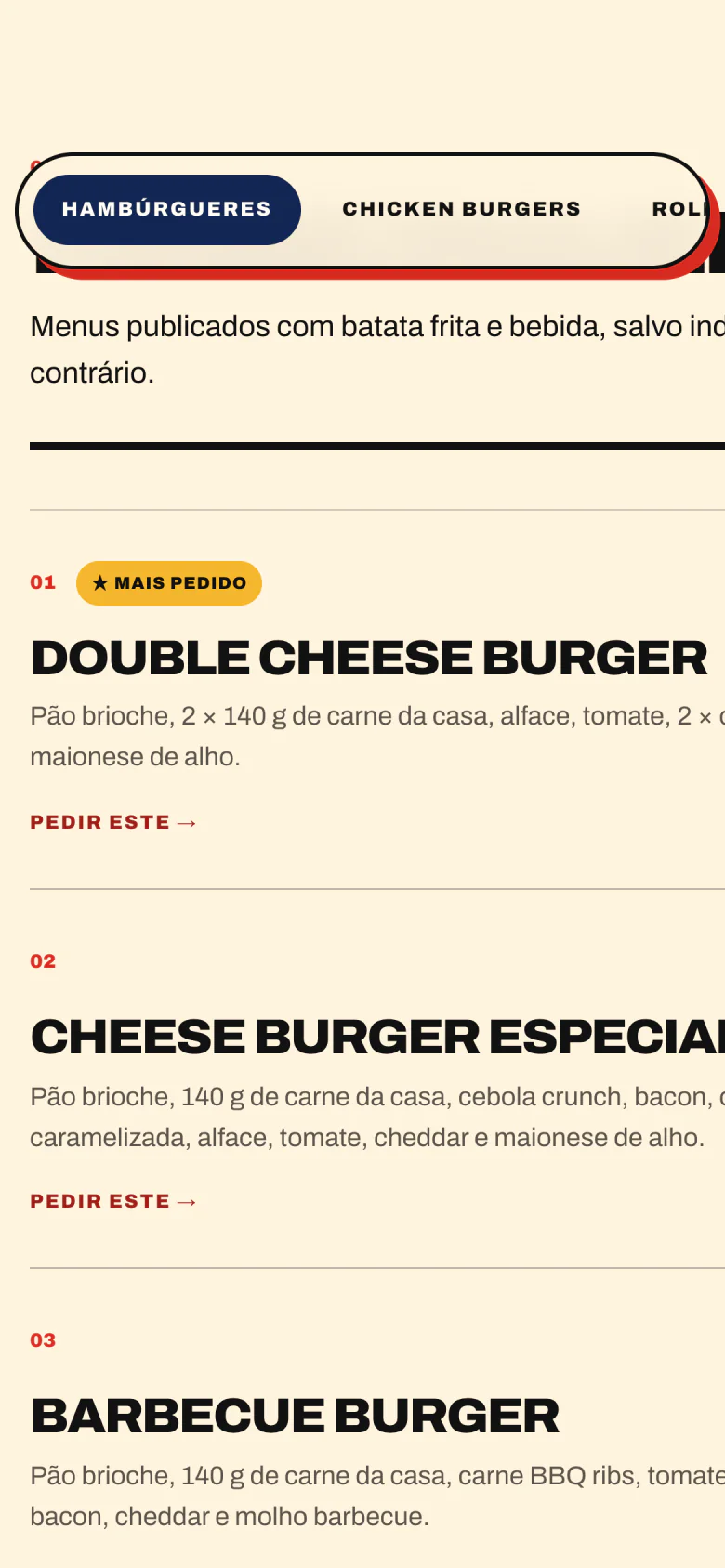 Menu no telemóvel com categorias e lista de hambúrgueres